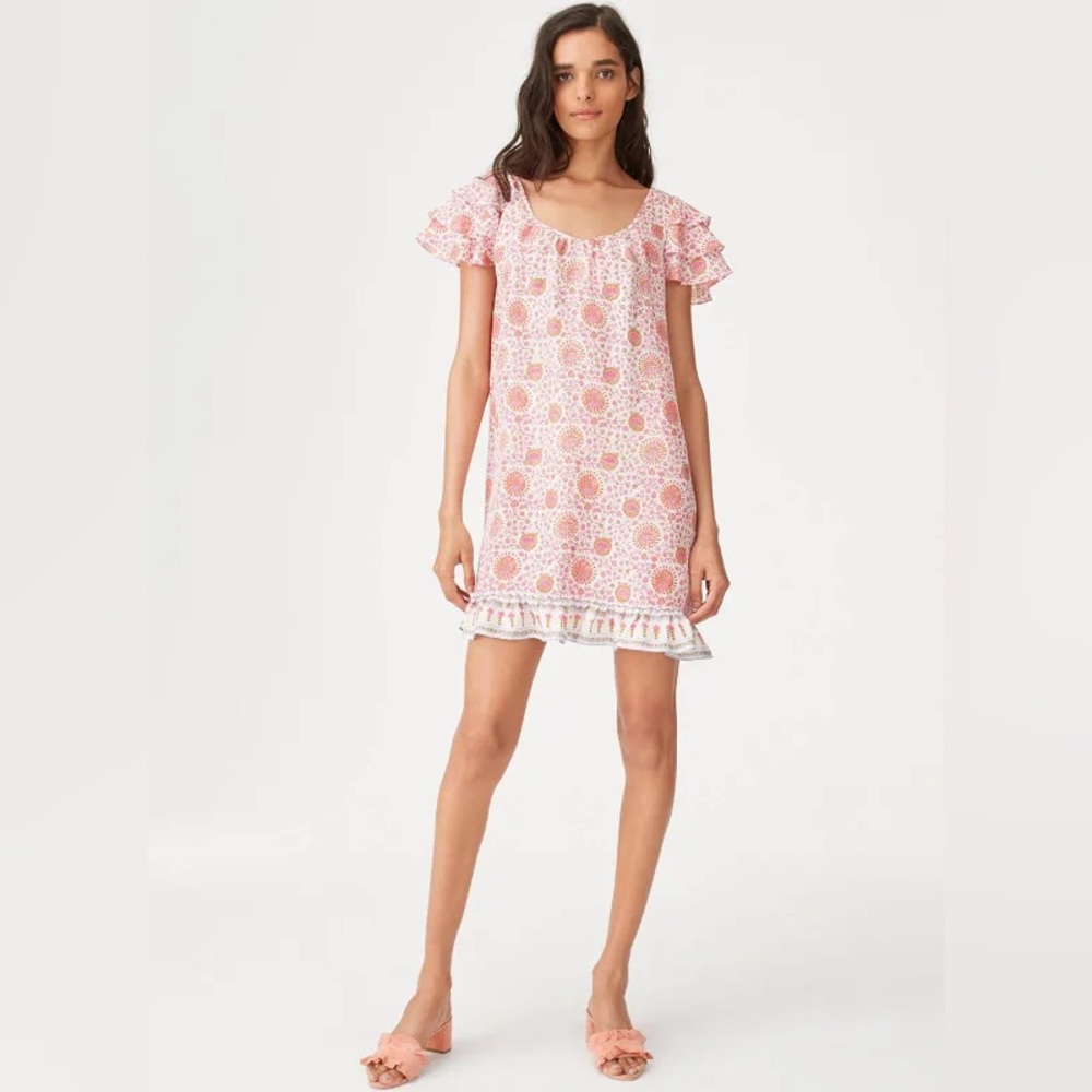CLUB MONACO Pink Floral Tiered Ruffle Sleeve Vidorus Silk Mini Dress
